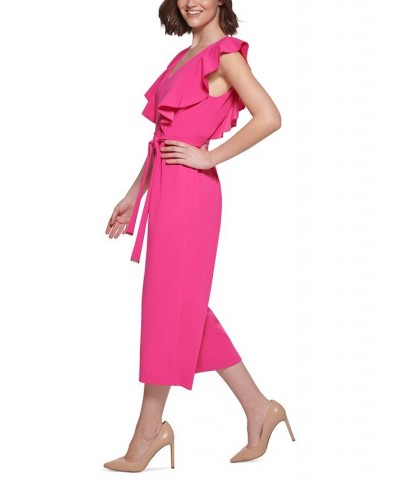 Women's Ruffled Tie-Waist Cropped Jumpsuit Hot Pink $56.62 Pants