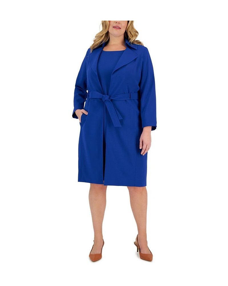 Plus Size Belted Trench Jacket and Sheath Dress Blue $96.80 Suits