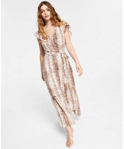 Women's Snake-Print Flutter-Sleeve Wrap Maxi Dress Snake Pyth $36.70 Dresses