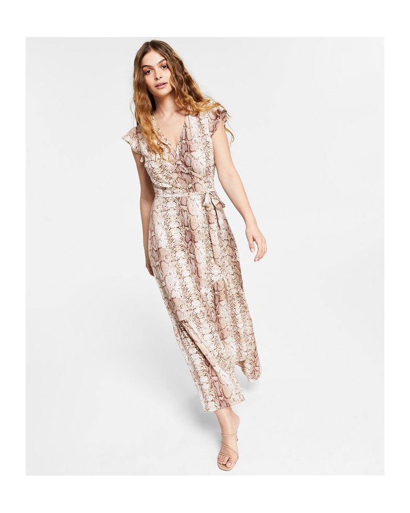 Women's Snake-Print Flutter-Sleeve Wrap Maxi Dress Snake Pyth $36.70 Dresses