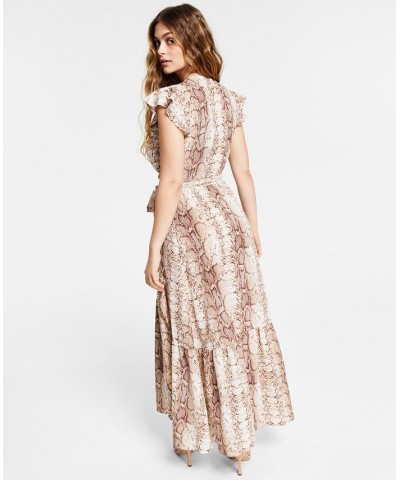 Women's Snake-Print Flutter-Sleeve Wrap Maxi Dress Snake Pyth $36.70 Dresses