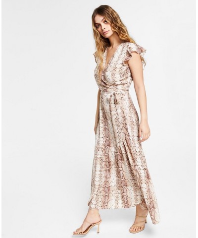 Women's Snake-Print Flutter-Sleeve Wrap Maxi Dress Snake Pyth $36.70 Dresses