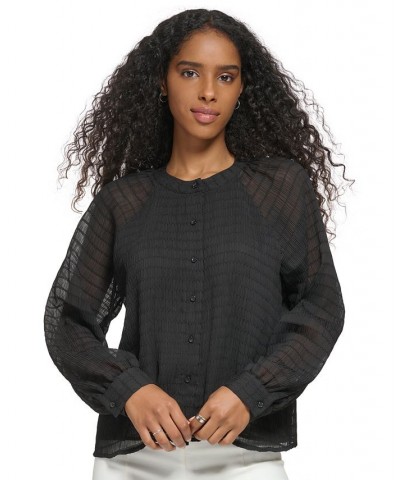 Long Sleeve Textured Chiffon Blouse Black $30.58 Tops