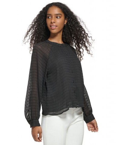 Long Sleeve Textured Chiffon Blouse Black $30.58 Tops