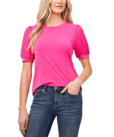 Women's Short Puff-Sleeve Mixed Media Knit Top Bright Rose $16.26 Tops