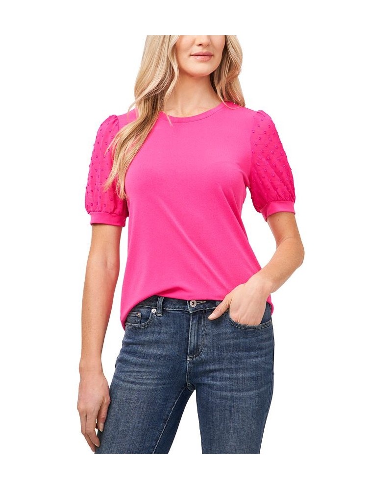 Women's Short Puff-Sleeve Mixed Media Knit Top Bright Rose $16.26 Tops