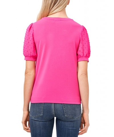 Women's Short Puff-Sleeve Mixed Media Knit Top Bright Rose $16.26 Tops