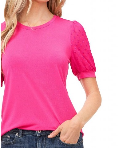 Women's Short Puff-Sleeve Mixed Media Knit Top Bright Rose $16.26 Tops