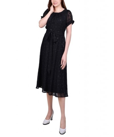 Petite Short Sleeve Belted Swiss Dot Dress Black Multi Circle $18.62 Dresses