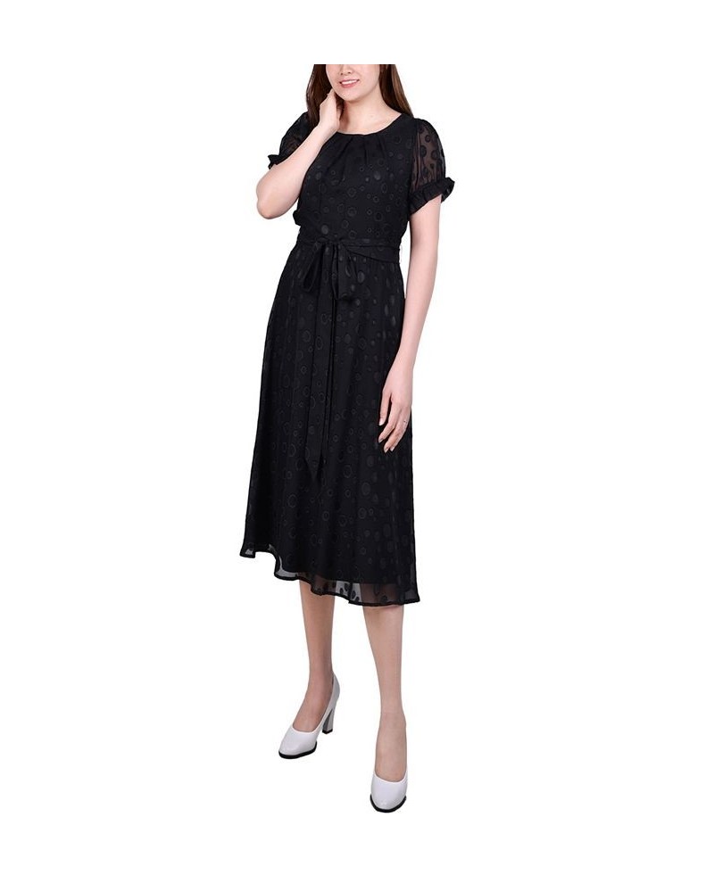 Petite Short Sleeve Belted Swiss Dot Dress Black Multi Circle $18.62 Dresses