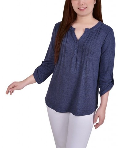 Petite 3/4 Roll Tab Sleeve Pintuck Top Blue $14.40 Tops