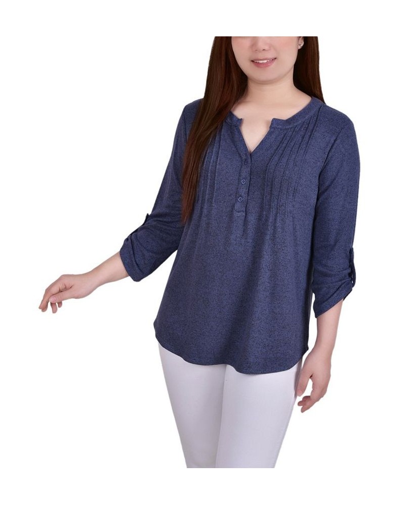 Petite 3/4 Roll Tab Sleeve Pintuck Top Blue $14.40 Tops