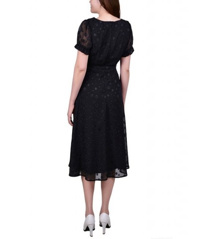 Petite Short Sleeve Belted Swiss Dot Dress Black Multi Circle $18.62 Dresses