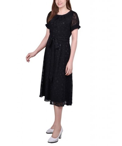 Petite Short Sleeve Belted Swiss Dot Dress Black Multi Circle $18.62 Dresses