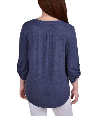 Petite 3/4 Roll Tab Sleeve Pintuck Top Blue $14.40 Tops