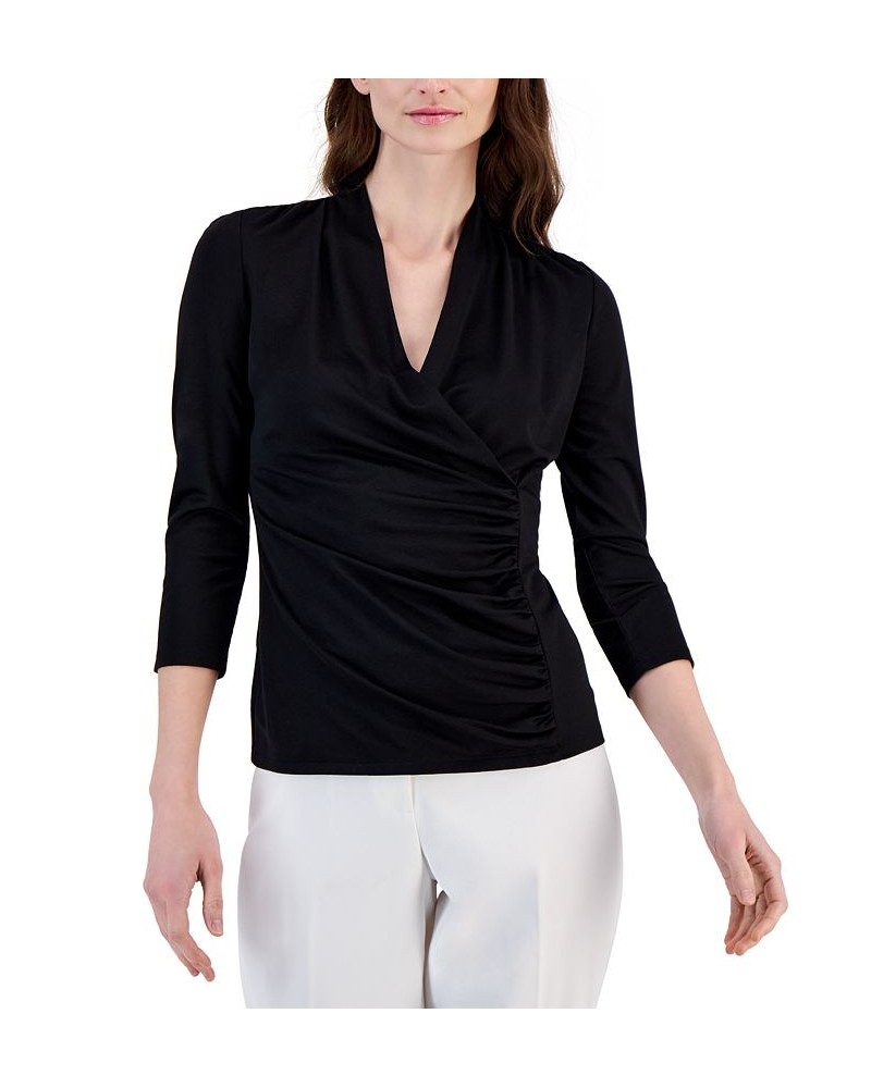 Women's Surplice-Neck 3/4-Sleeve Top Black $33.97 Tops