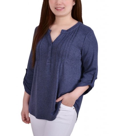 Petite 3/4 Roll Tab Sleeve Pintuck Top Blue $14.40 Tops