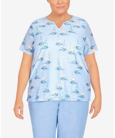 Plus Size Set Sail Sailboat Split Neck Top Marine Blue $30.14 Tops