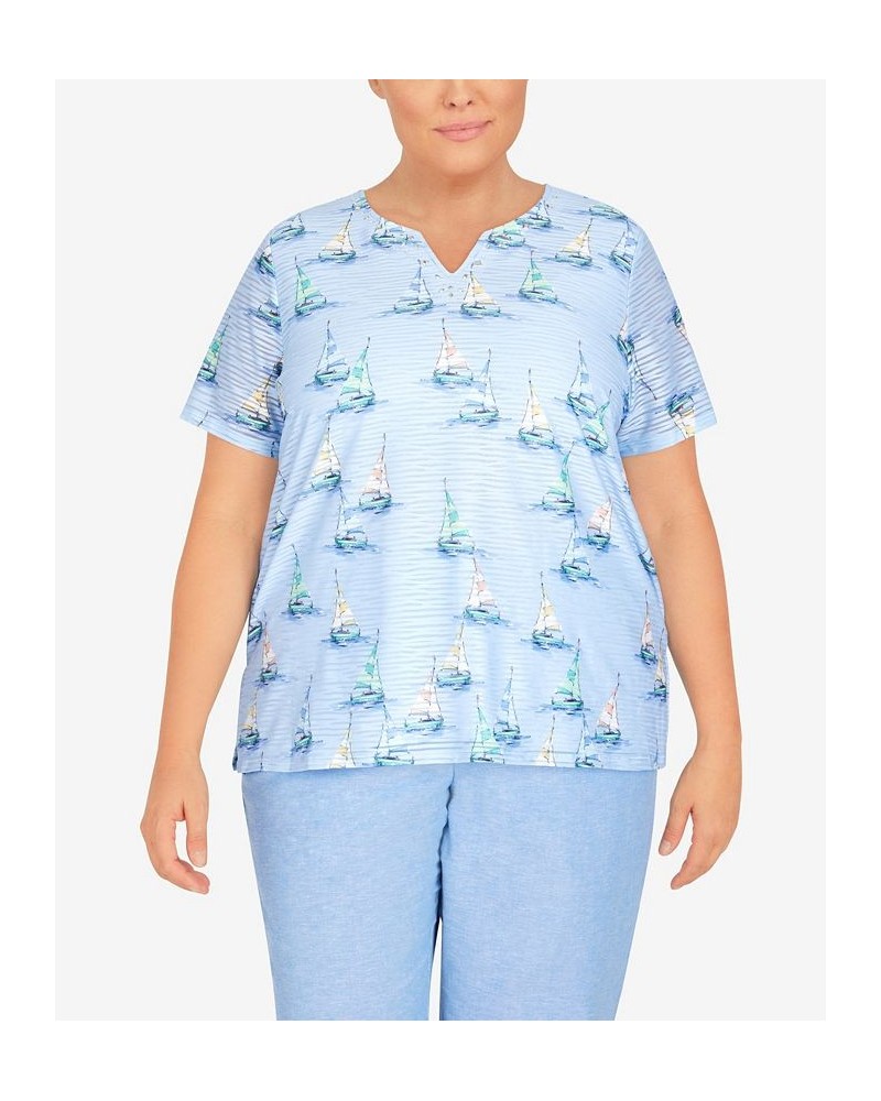 Plus Size Set Sail Sailboat Split Neck Top Marine Blue $30.14 Tops