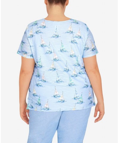 Plus Size Set Sail Sailboat Split Neck Top Marine Blue $30.14 Tops