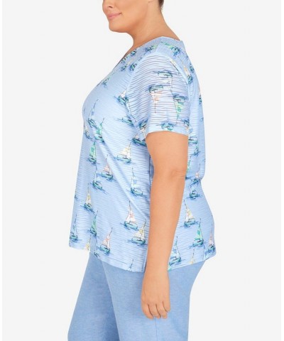 Plus Size Set Sail Sailboat Split Neck Top Marine Blue $30.14 Tops