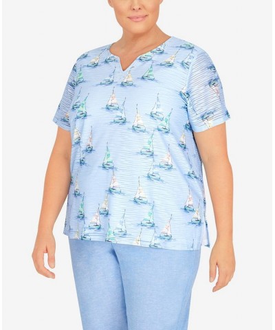 Plus Size Set Sail Sailboat Split Neck Top Marine Blue $30.14 Tops