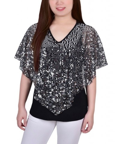 Petite Sequin-Front Poncho Top Silver Discoball $16.32 Tops