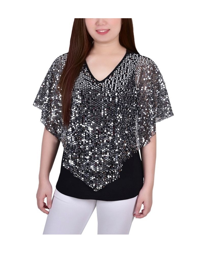 Petite Sequin-Front Poncho Top Silver Discoball $16.32 Tops