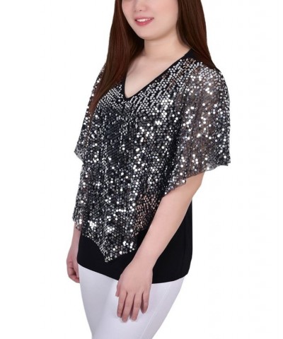 Petite Sequin-Front Poncho Top Silver Discoball $16.32 Tops