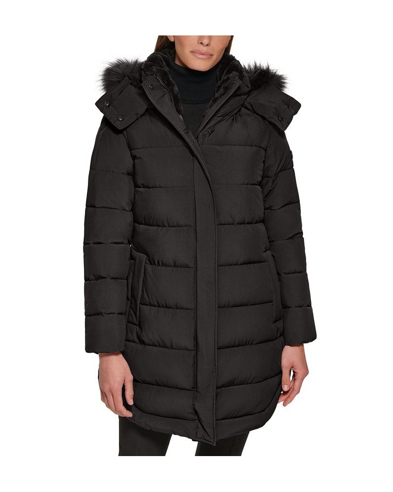 Women's Faux-Fur-Trim Hooded Puffer Coat Black $95.00 Coats