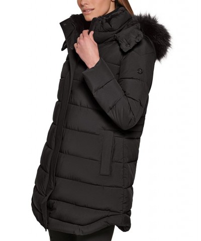 Women's Faux-Fur-Trim Hooded Puffer Coat Black $95.00 Coats