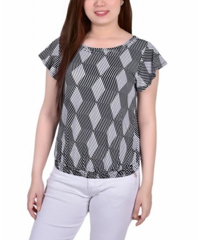 Petite Size Short Flutter Sleeve Top with Studded Neckline Black White Abstract $12.71 Tops