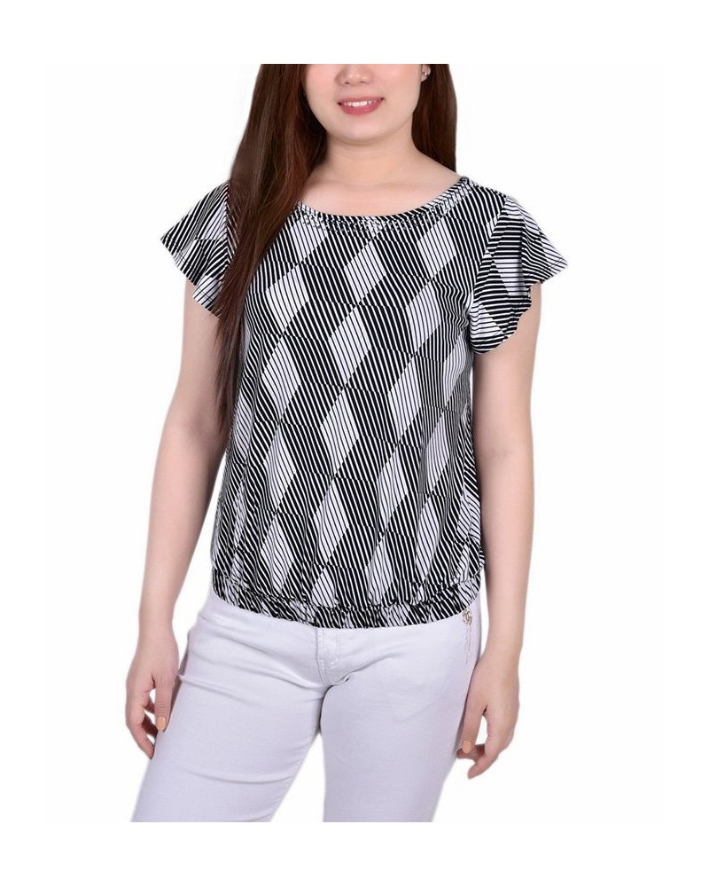 Petite Size Short Flutter Sleeve Top with Studded Neckline Black White Abstract $12.71 Tops