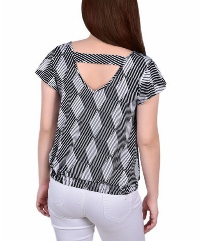 Petite Size Short Flutter Sleeve Top with Studded Neckline Black White Abstract $12.71 Tops