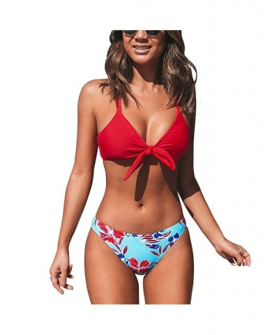 Women's Plant Print Bikini Set Low Waisted Bathing Suit Red $23.00 Swimsuits