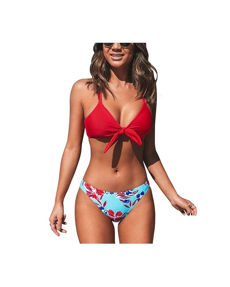 Women's Plant Print Bikini Set Low Waisted Bathing Suit Red $23.00 Swimsuits