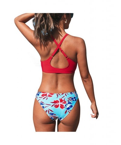 Women's Plant Print Bikini Set Low Waisted Bathing Suit Red $23.00 Swimsuits