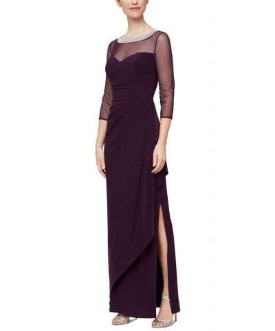 Petite 3/4-Sleeve Illusion Ruffled Gown Eggplant $64.79 Dresses