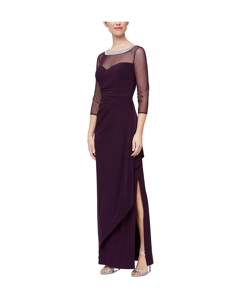 Petite 3/4-Sleeve Illusion Ruffled Gown Eggplant $64.79 Dresses