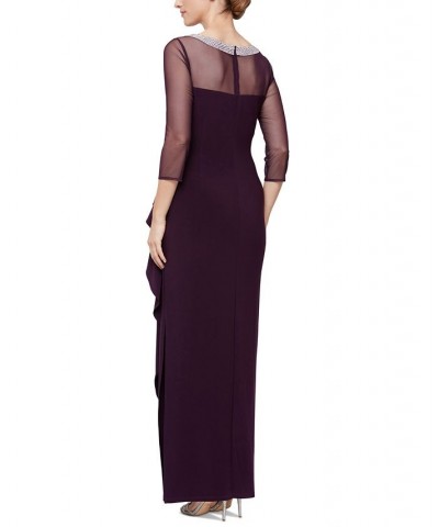 Petite 3/4-Sleeve Illusion Ruffled Gown Eggplant $64.79 Dresses