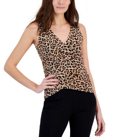 Women's Printed Mesh Crossover Top Brown $23.76 Tops