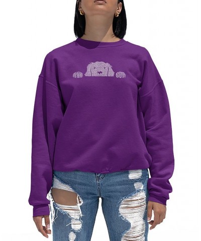 Women's Peeking Dog Word Art Crewneck Sweatshirt Purple $28.49 Tops