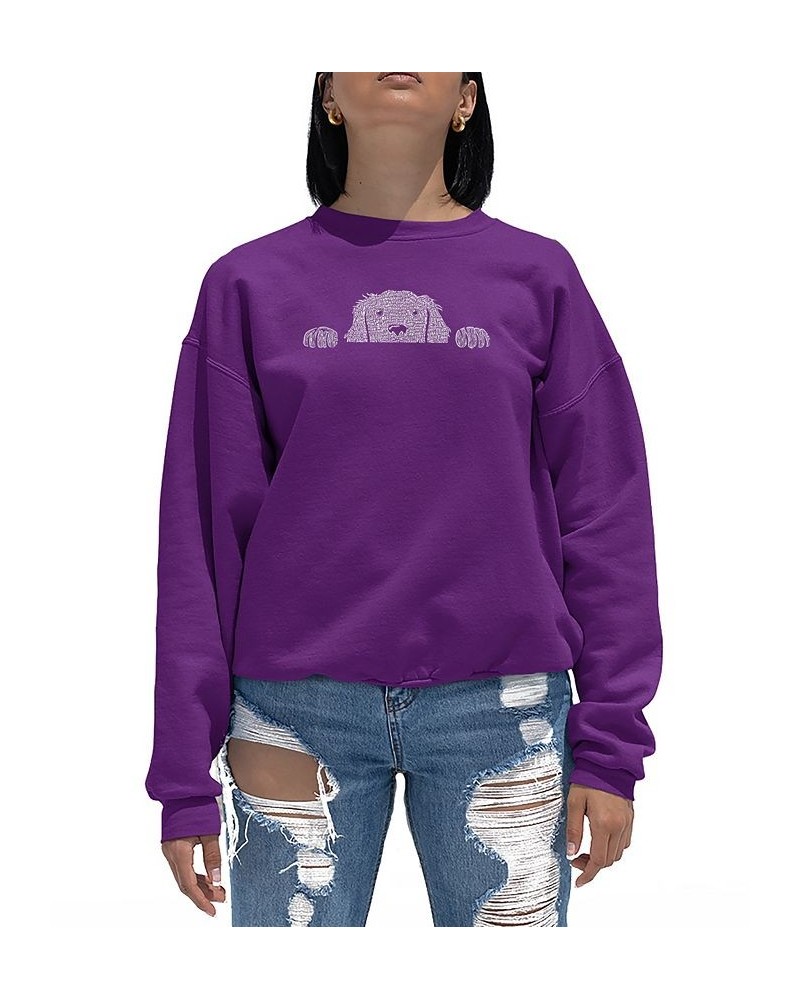 Women's Peeking Dog Word Art Crewneck Sweatshirt Purple $28.49 Tops