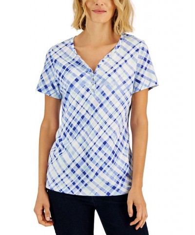 Women's Plaid Relaxed Henley Knit Top Purple $11.99 Tops