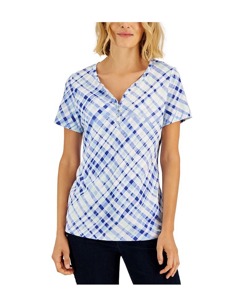 Women's Plaid Relaxed Henley Knit Top Purple $11.99 Tops