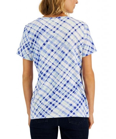 Women's Plaid Relaxed Henley Knit Top Purple $11.99 Tops