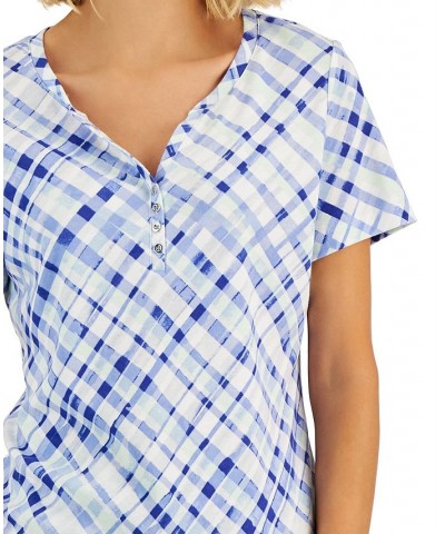 Women's Plaid Relaxed Henley Knit Top Purple $11.99 Tops