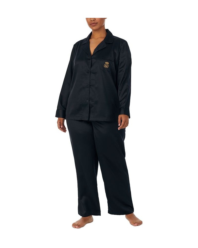 Plus Size Matte Satin Notched-Collar Pajamas Set Black $36.94 Sleepwear