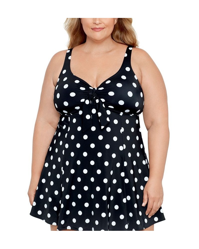 Plus Size Tummy Control Bow Front Swimdress Vintage Dotty $43.56 Swimsuits