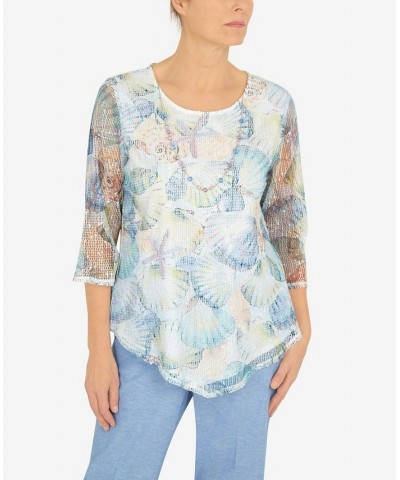 Petite Set Sail Asymmetric Mesh Sleeve Seashell Top Multi $39.49 Tops